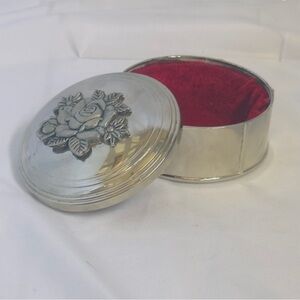 Vintage Davco Silver Plated Red Velvet Lidded Rose Design Round Trinket Box